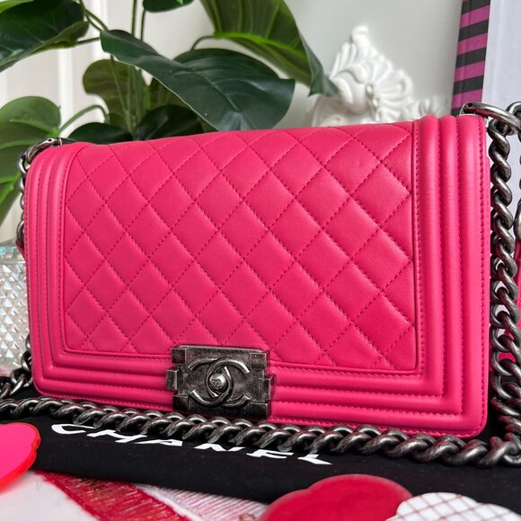 Authentic Chanel Old Boy Medium Pink Lambskin Quilted Crossbody Bag B0816 - Picture 6 of 16
